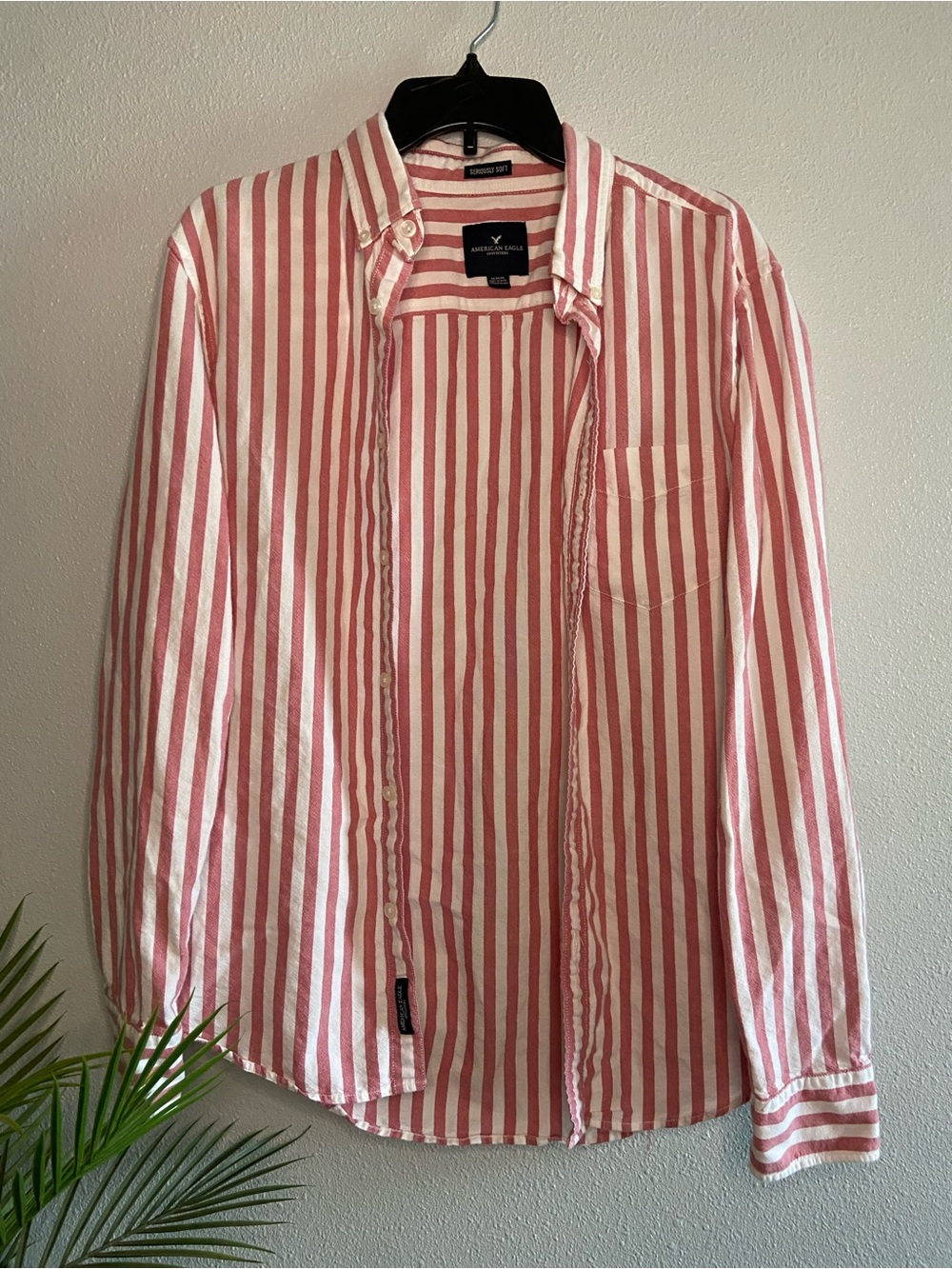 American Eagle Outfitters Women’s Pink and White Stripe Button-Down Shirt